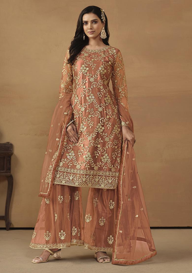 Brown Embroidered Net Salwar Kameez With Dupatta - Indya
