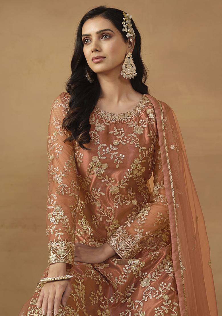 Brown Embroidered Net Salwar Kameez With Dupatta - Indya