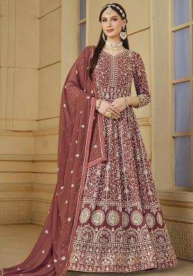 Brown Embroidered Georgette Salwar Kameez With Dupatta