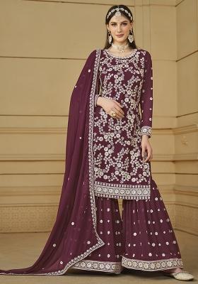 Wine Embroidered Georgette Salwar Kameez With Dupatta