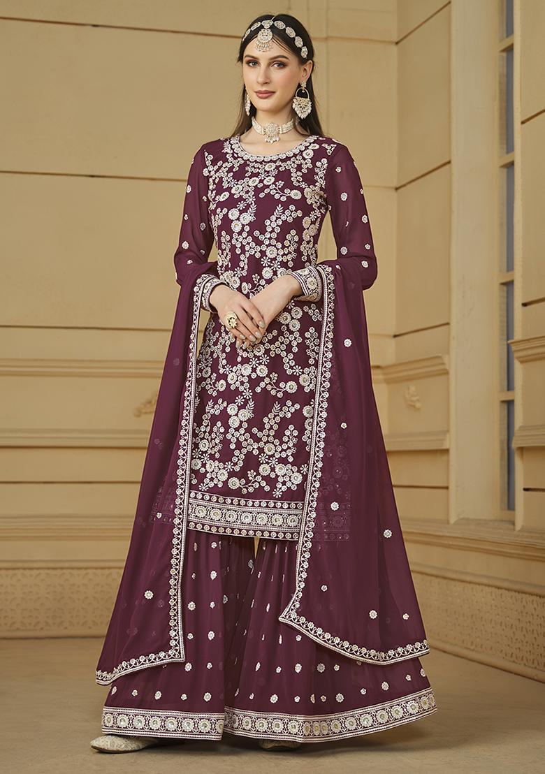 Wine Embroidered Georgette Salwar Kameez With Dupatta - Indya