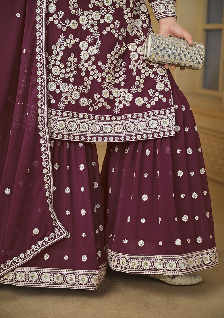 Wine Embroidered Georgette Salwar Kameez With Dupatta - Indya