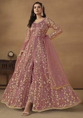 Pink Embroidered Net Salwar Kameez With Dupatta