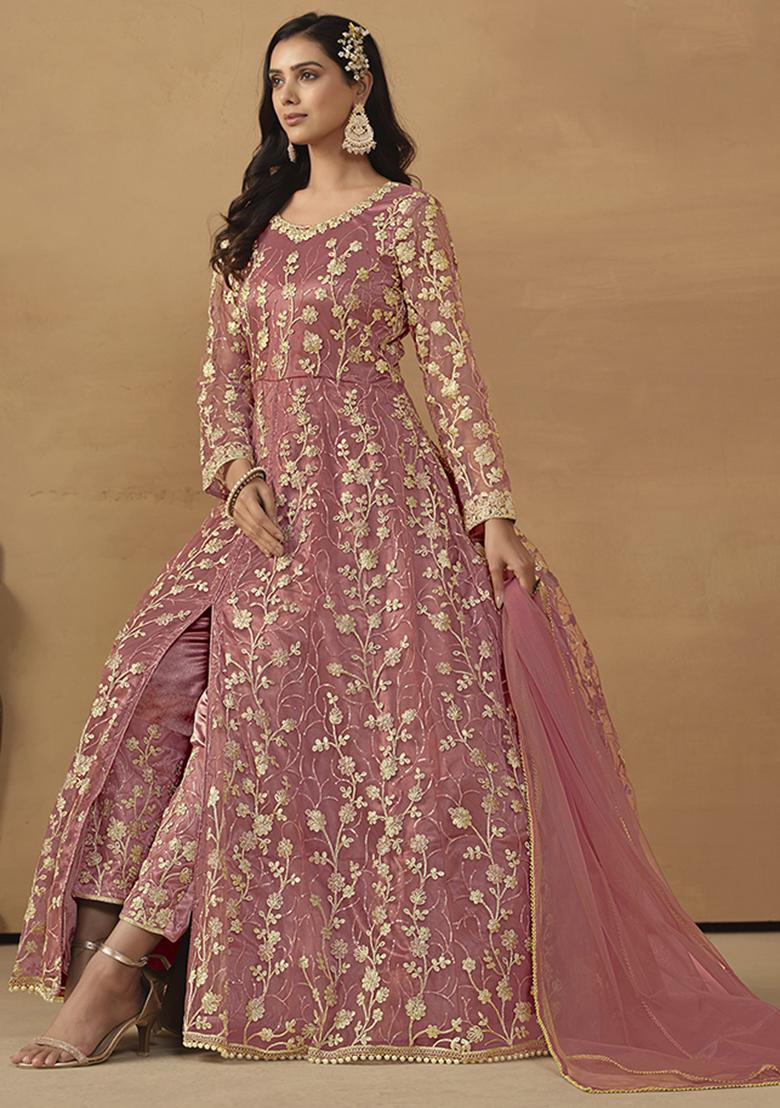 Pink Embroidered Net Salwar Kameez With Dupatta - Indya