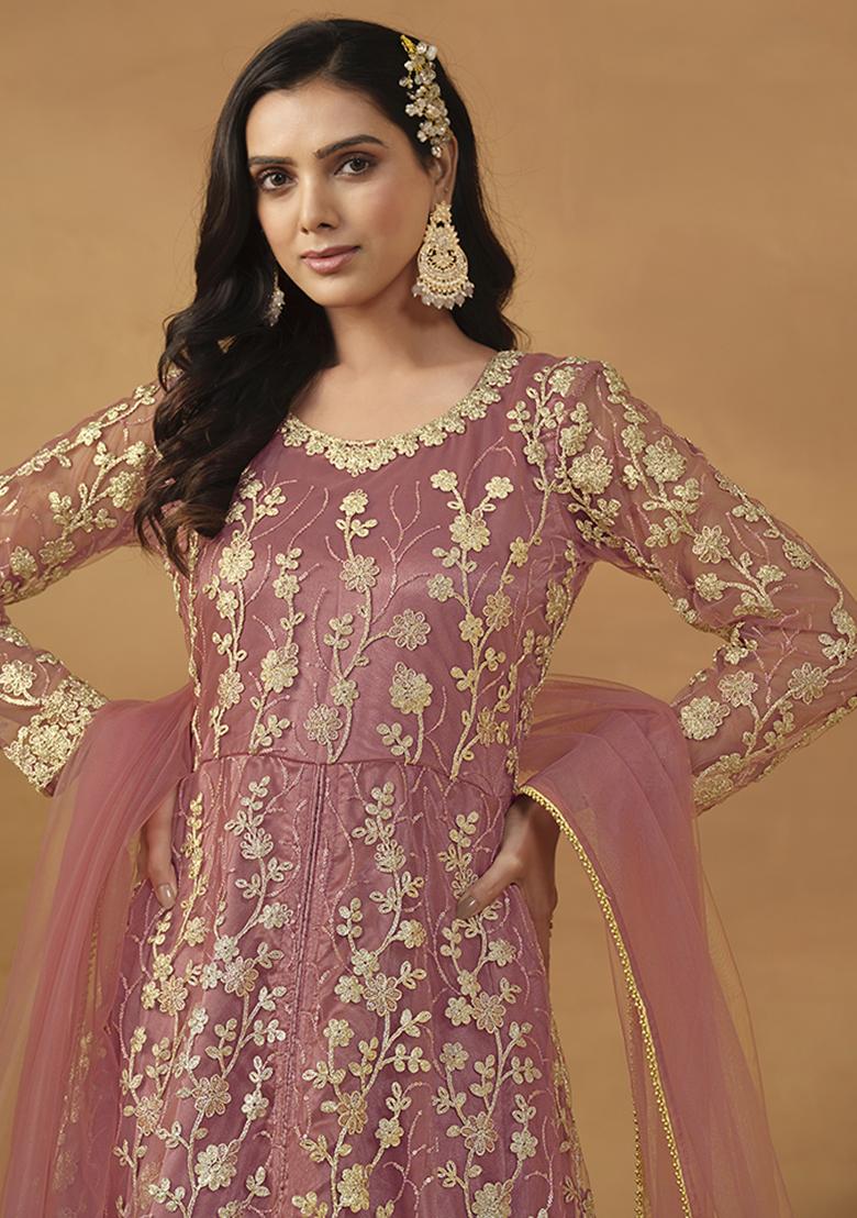 Pink Embroidered Net Salwar Kameez With Dupatta - Indya