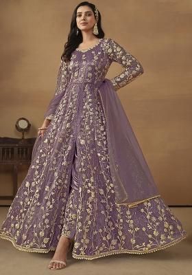 Purple Embroidered Net Salwar Kameez With Dupatta