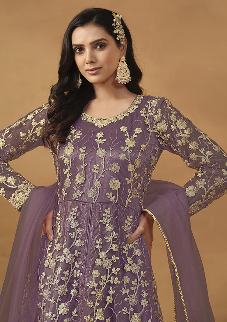 Purple Embroidered Net Salwar Kameez With Dupatta - Indya