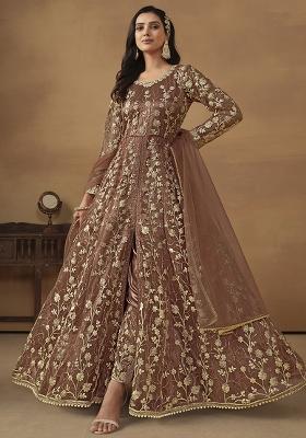 Brown Embroidered Net Salwar Kameez With Dupatta