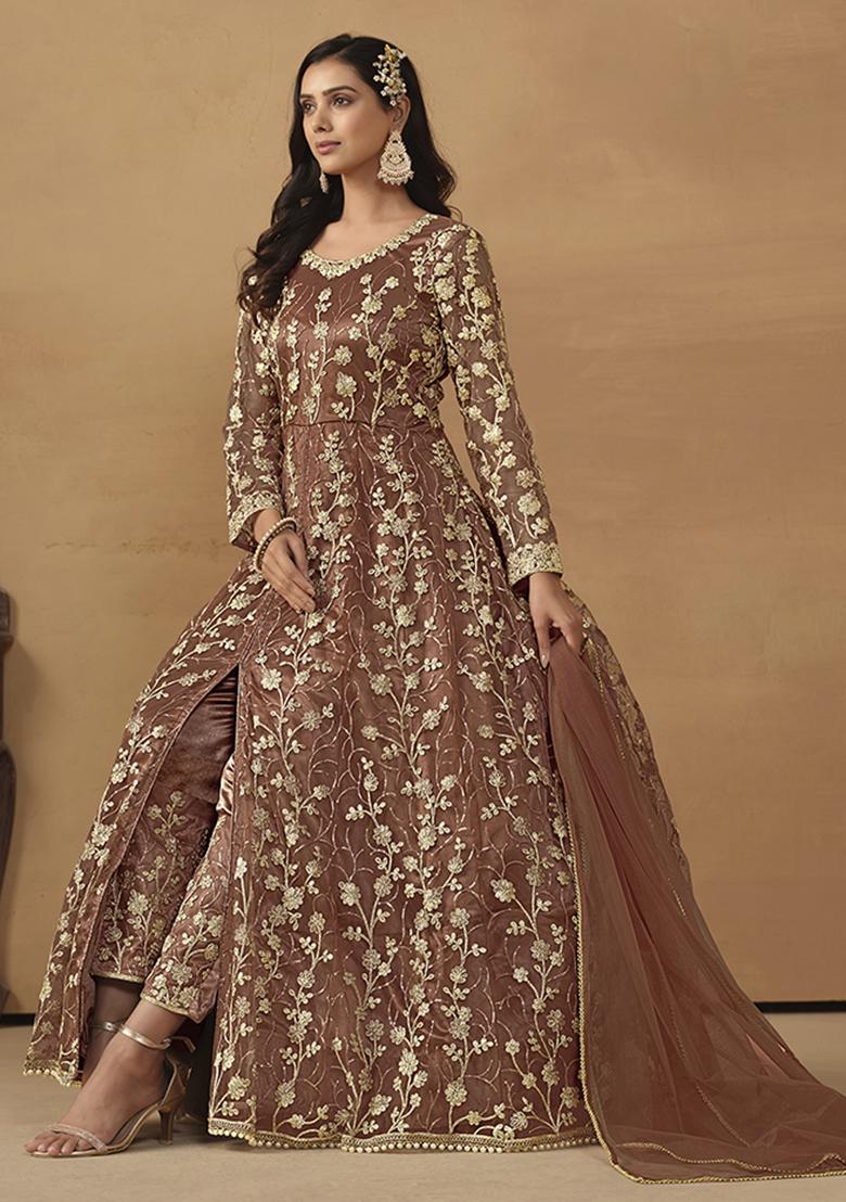 Brown Embroidered Net Salwar Kameez With Dupatta - Indya