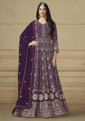 Purple Embroidered Georgette Anarkali Set With Dupatta