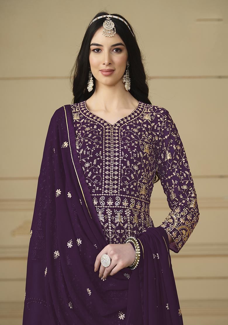 Purple Embroidered Georgette Anarkali Set With Dupatta - Indya