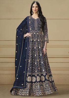 Blue Embroidered Georgette Anarkali Set With Dupatta