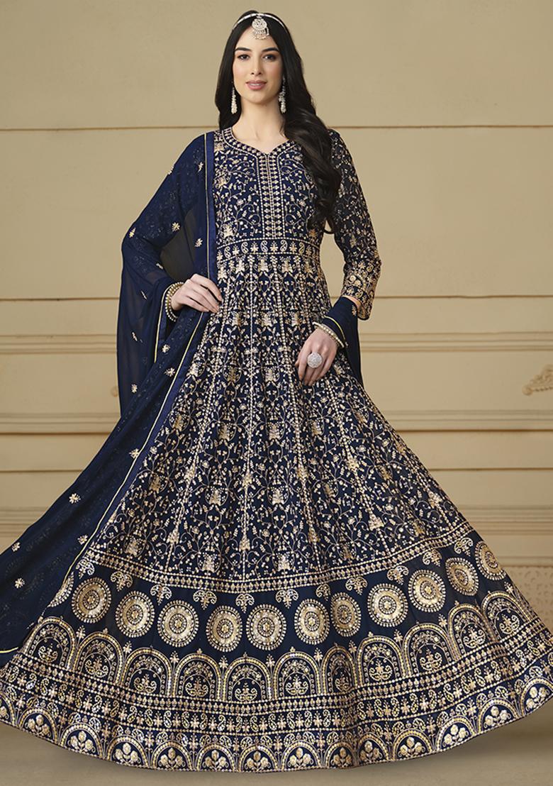 Blue Embroidered Georgette Anarkali Set With Dupatta - Indya