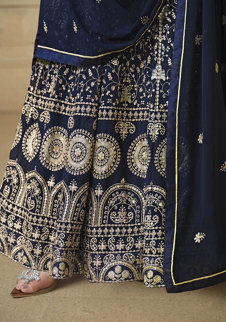 Blue Embroidered Georgette Anarkali Set With Dupatta - Indya