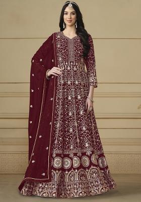 Maroon Embroidered Georgette Anarkali Set With Dupatta
