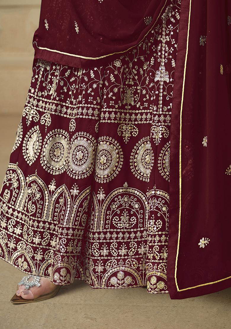Maroon Embroidered Georgette Anarkali Set With Dupatta - Indya