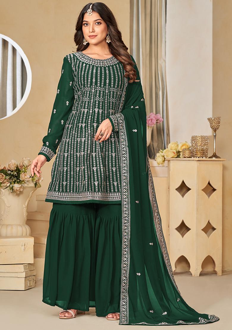 Green Embroidered Georgette Salwar Kameez With Dupatta - Indya