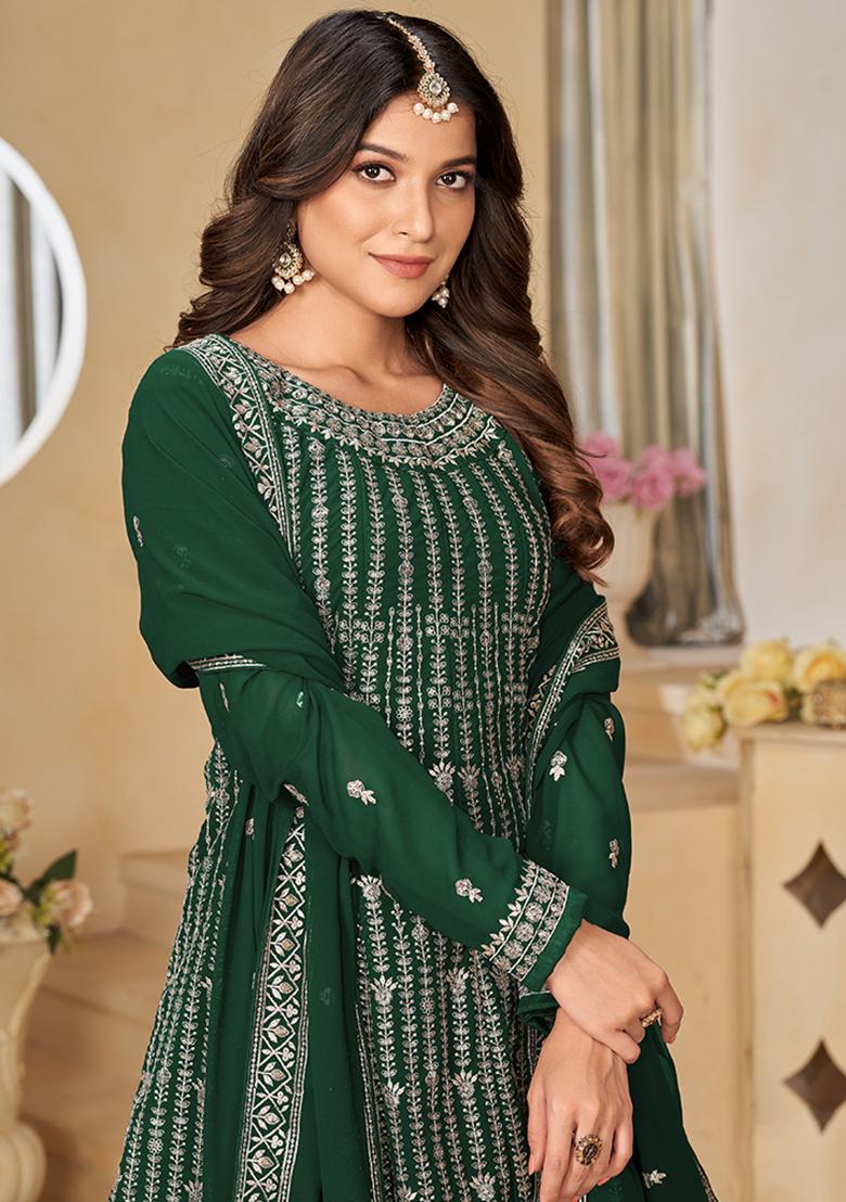 Green Embroidered Georgette Salwar Kameez With Dupatta - Indya