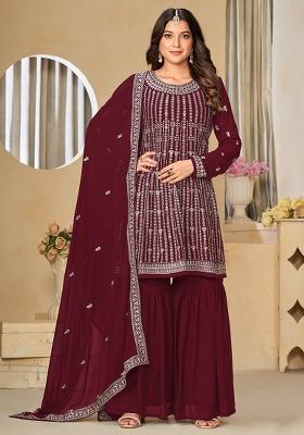 Maroon Embroidered Georgette Salwar Kameez With Dupatta