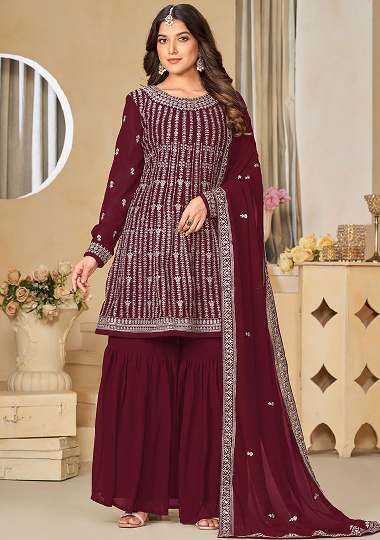 Maroon Embroidered Georgette Salwar Kameez With Dupatta - Indya