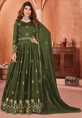 Olive Embroidered Silk Anarkali Set With Dupatta