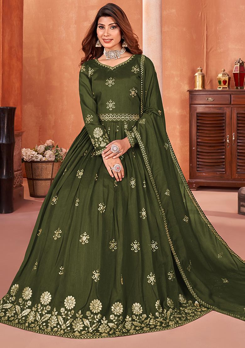 Olive Embroidered Silk Anarkali Set With Dupatta - Indya