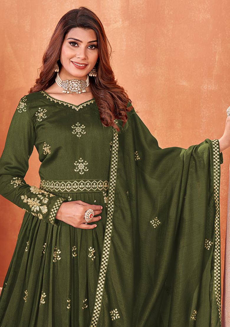 Olive Embroidered Silk Anarkali Set With Dupatta - Indya