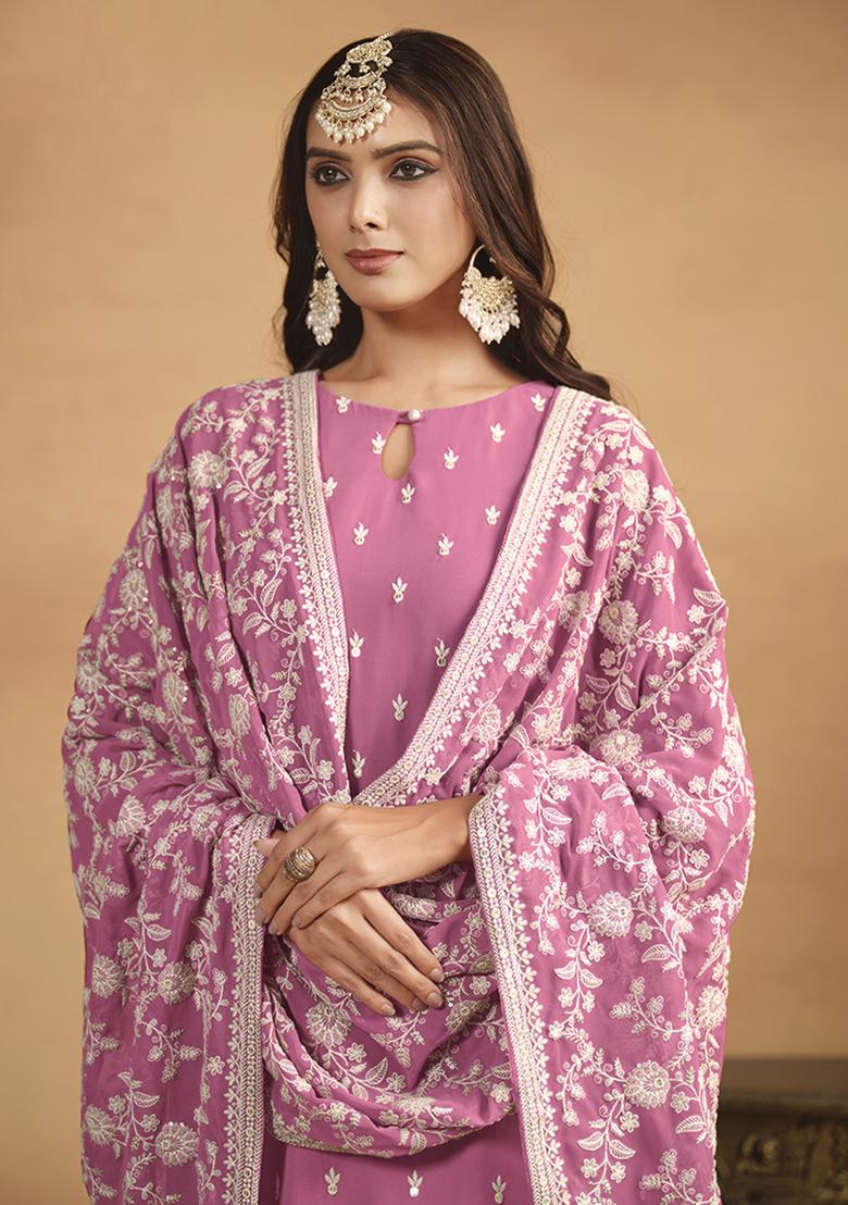 Pink Embroidered Georgette Salwar Kameez With Dupatta - Indya