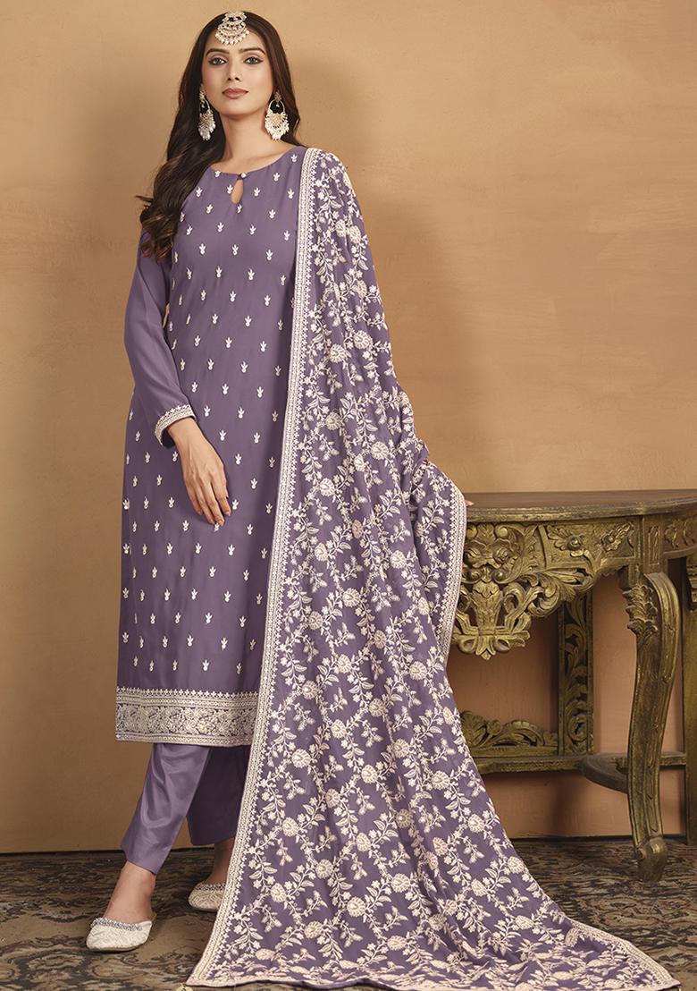 Purple Embroidered Georgette Salwar Kameez With Dupatta - Indya