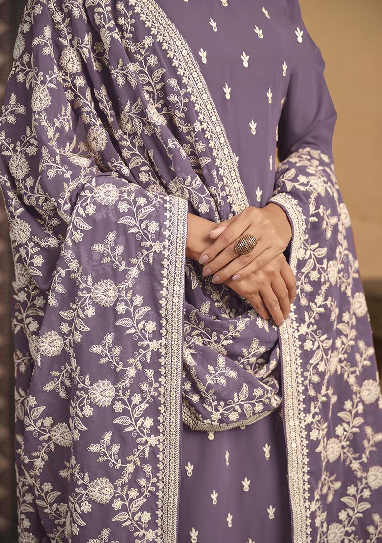 Purple Embroidered Georgette Salwar Kameez With Dupatta - Indya