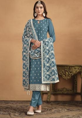 Blue Embroidered Georgette Salwar Kameez With Dupatta