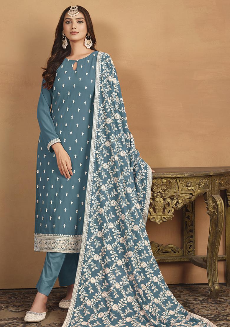 Blue Embroidered Georgette Salwar Kameez With Dupatta - Indya