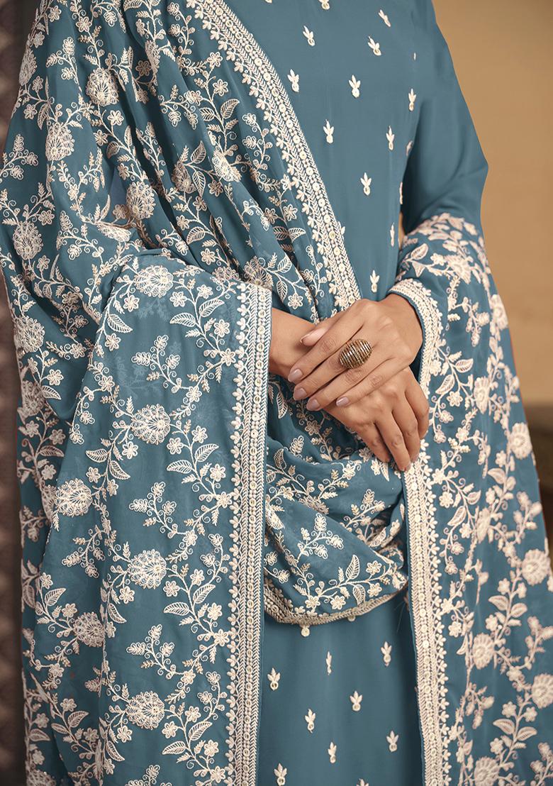 Blue Embroidered Georgette Salwar Kameez With Dupatta - Indya