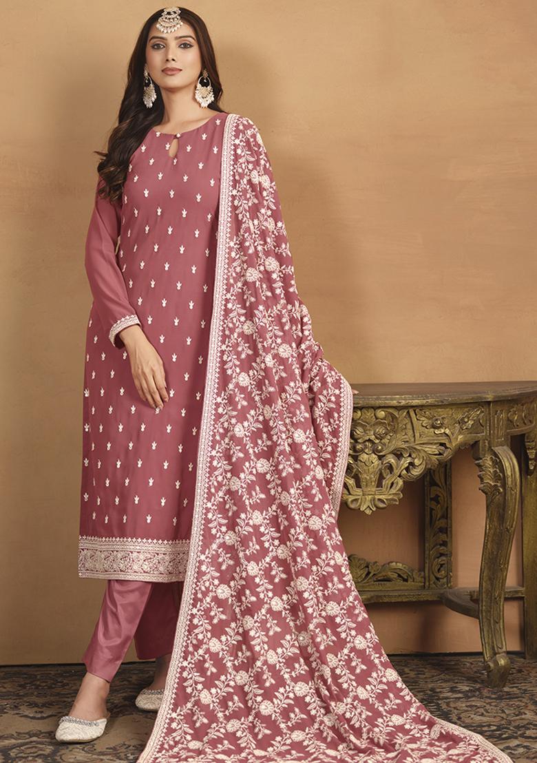 Pink Embroidered Georgette Salwar Kameez With Dupatta - Indya