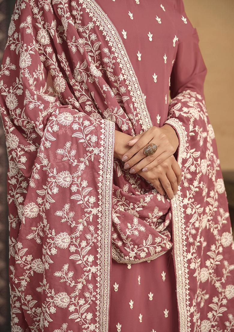 Pink Embroidered Georgette Salwar Kameez With Dupatta - Indya