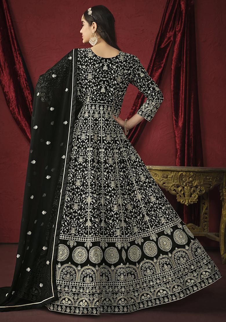 Black Embroidered Georgette Salwar Kameez With Dupatta - Indya