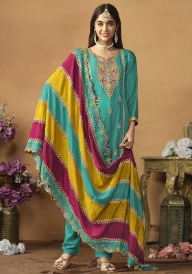 Blue Embroidered Silk Salwar Kameez With Dupatta