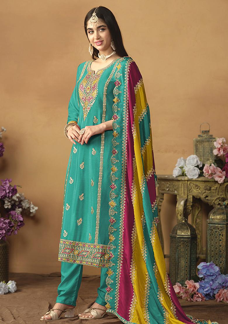 Blue Embroidered Silk Salwar Kameez With Dupatta - Indya