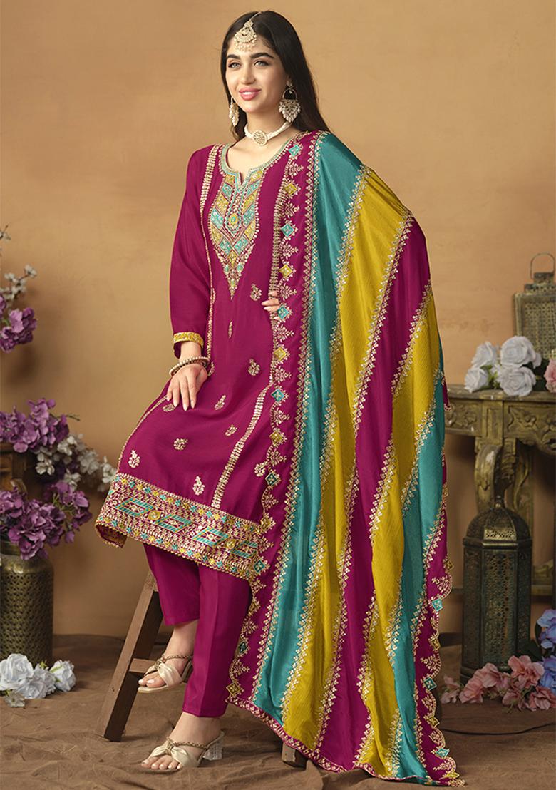 Pink Embroidered Silk Salwar Kameez With Dupatta - Indya
