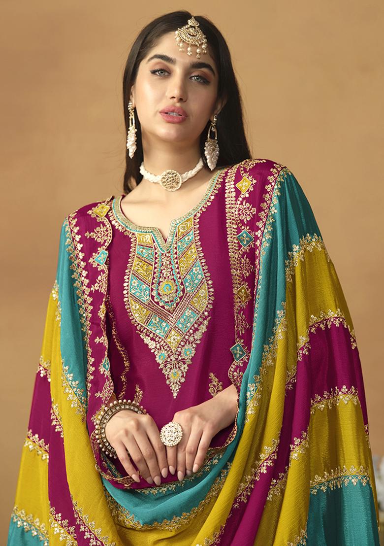 Pink Embroidered Silk Salwar Kameez With Dupatta - Indya