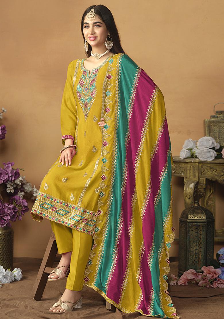 Red Embroidered Silk Salwar Kameez With Dupatta - Indya