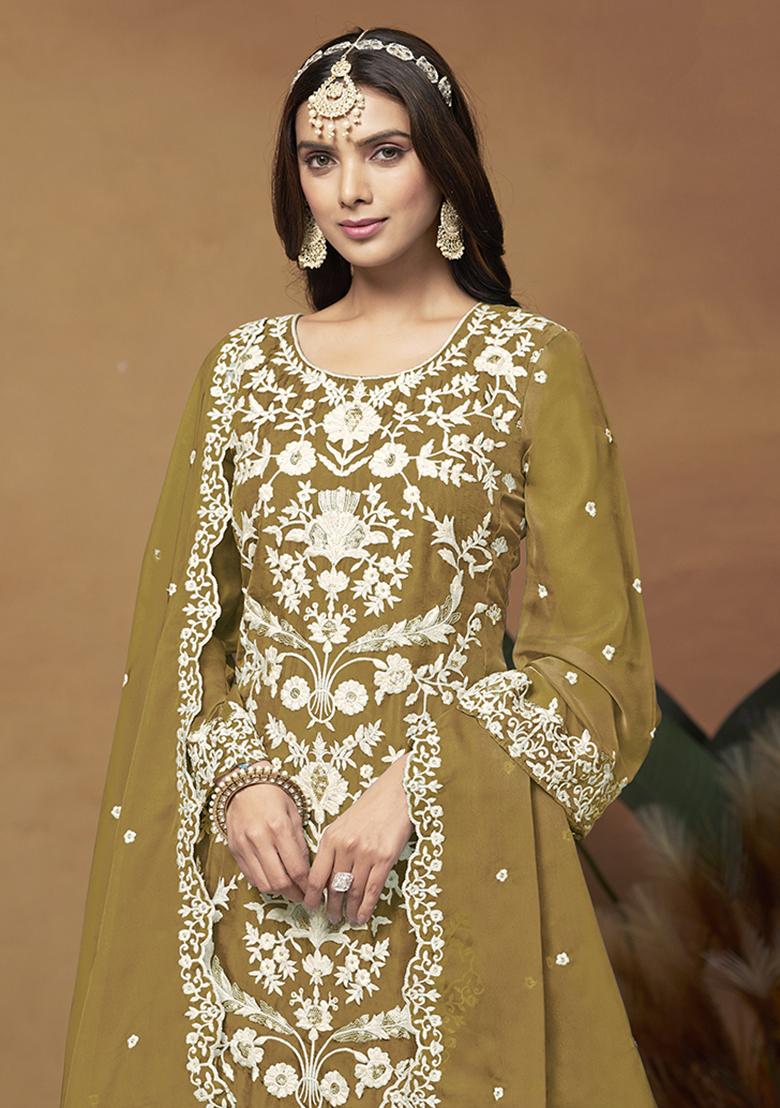 Olive Embroidered Organza Salwar Kameez With Dupatta - Indya