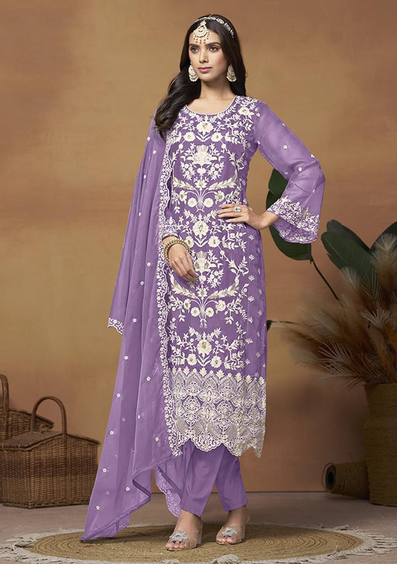 Purple Embroidered Organza Salwar Kameez With Dupatta - Indya