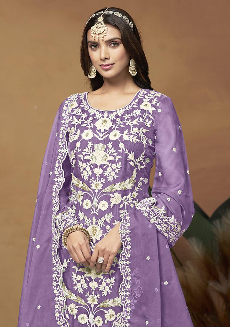 Purple Embroidered Organza Salwar Kameez With Dupatta - Indya