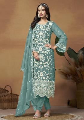 Blue Embroidered Organza Salwar Kameez With Dupatta