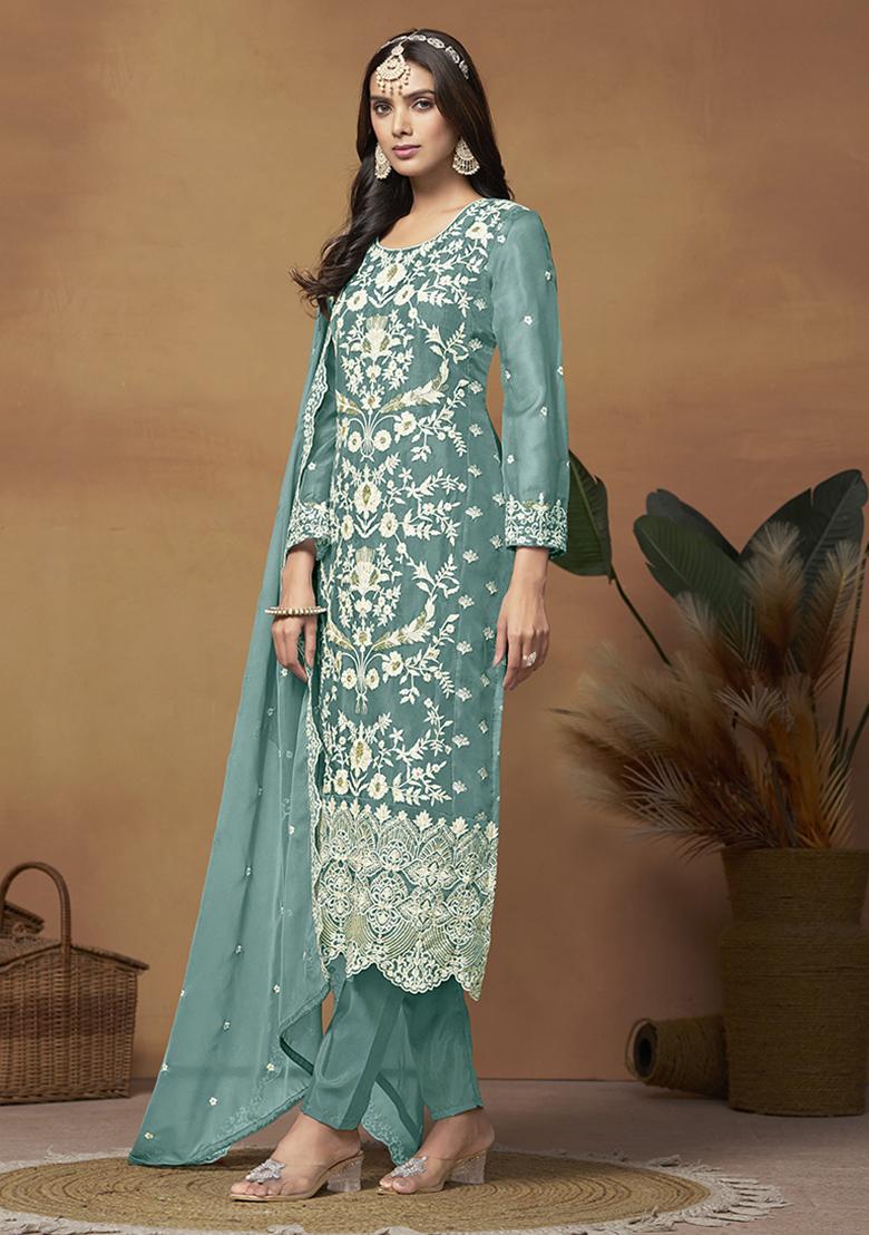 Blue Embroidered Organza Salwar Kameez With Dupatta - Indya