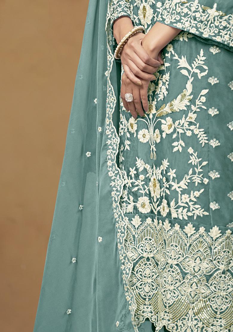 Blue Embroidered Organza Salwar Kameez With Dupatta - Indya