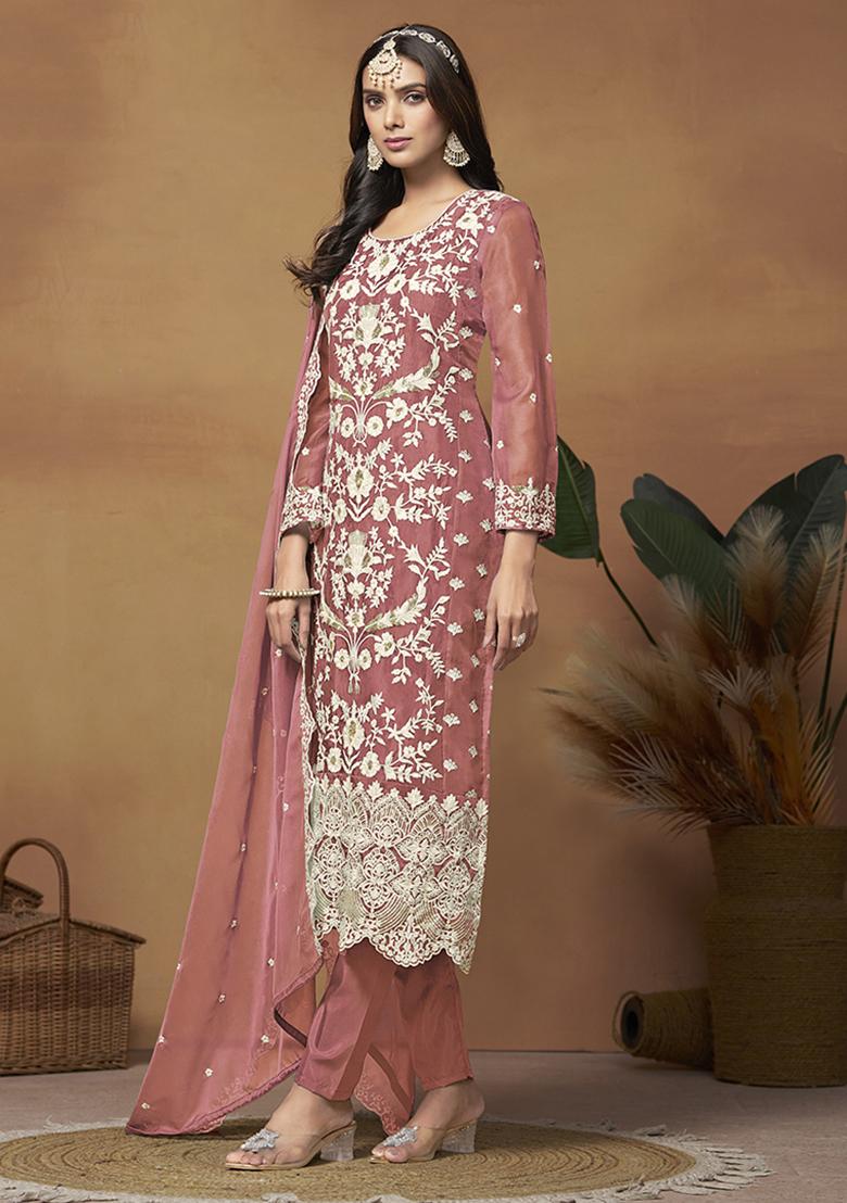 Purple Embroidered Organza Salwar Kameez With Dupatta - Indya