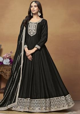 Black Embroidered Silk Kurta With Dupatta