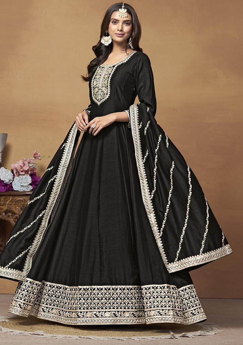 Black Embroidered Silk Kurta With Dupatta - Indya